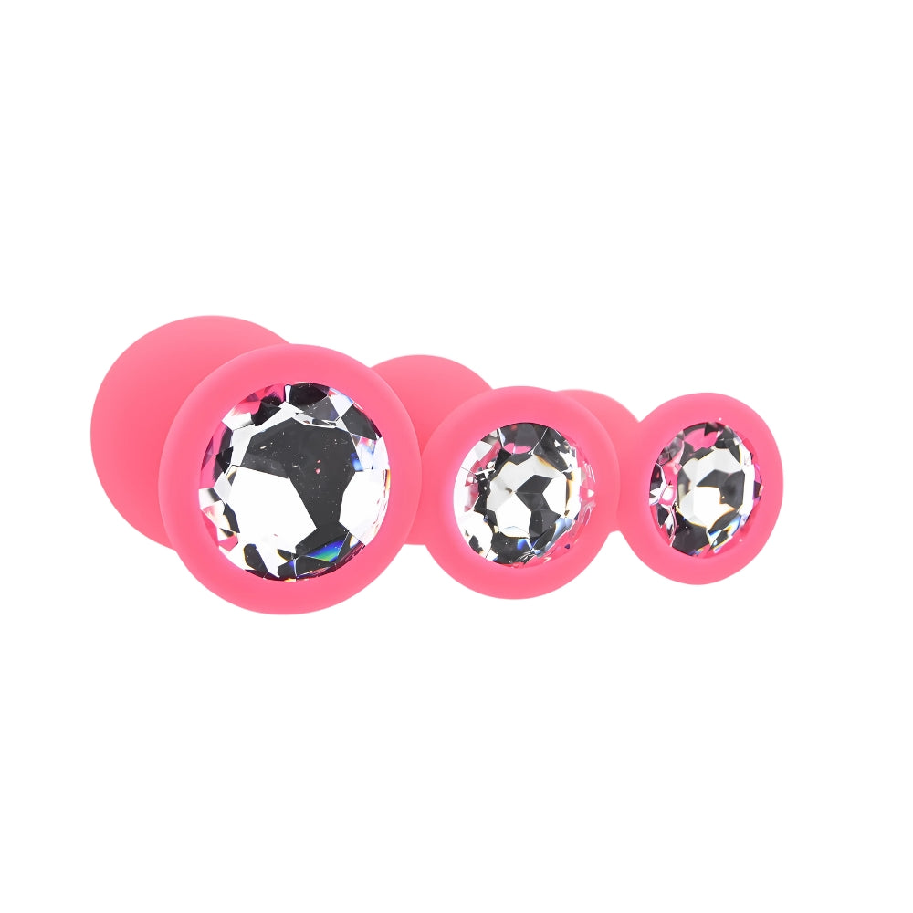 Toosh Silicone Butt Plug Set of 3 (Pink Clear Stone) – Small 2.9", Medium 3.2", Large 3.7" Jewelled Base Silicone Butt Plugs > Anal Range > Jewel Butt Plugs