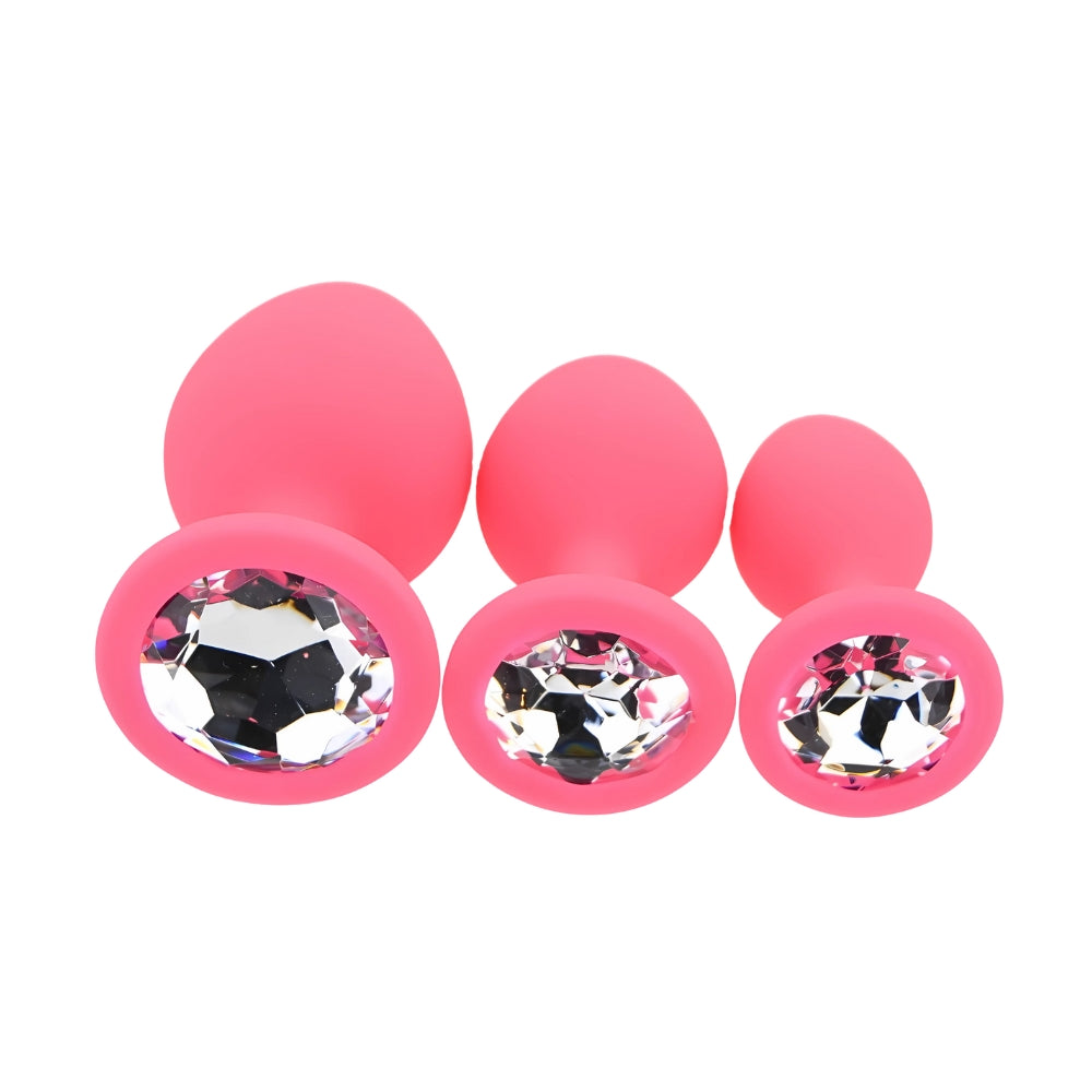 Toosh Silicone Butt Plug Set of 3 (Pink Clear Stone) – Small 2.9", Medium 3.2", Large 3.7" Jewelled Base Silicone Butt Plugs > Anal Range > Jewel Butt Plugs