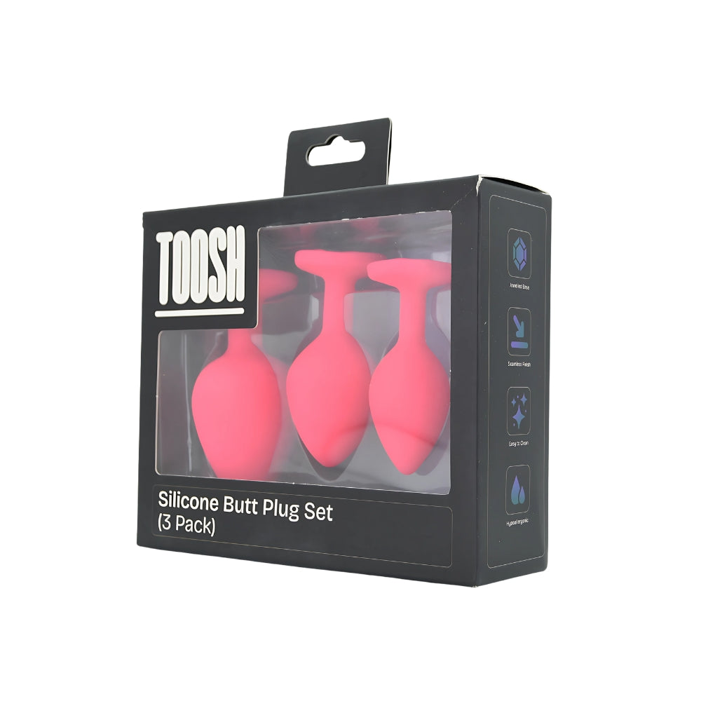 Toosh Silicone Butt Plug Set of 3 (Pink Clear Stone) – Small 2.9", Medium 3.2", Large 3.7" Jewelled Base Silicone Butt Plugs > Anal Range > Jewel Butt Plugs