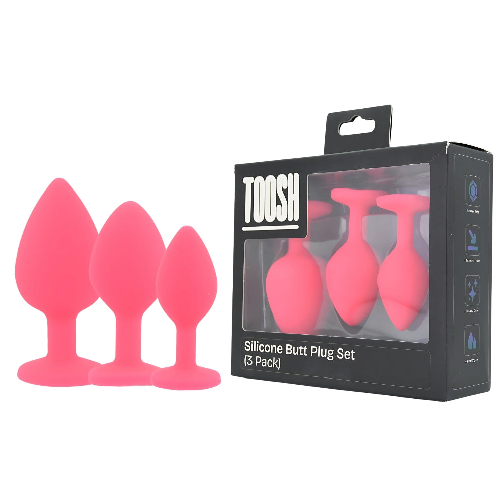 Toosh Silicone Butt Plug Set of 3 (Pink Clear Stone) – Small 2.9", Medium 3.2", Large 3.7" Jewelled Base Silicone Butt Plugs > Anal Range > Jewel Butt Plugs