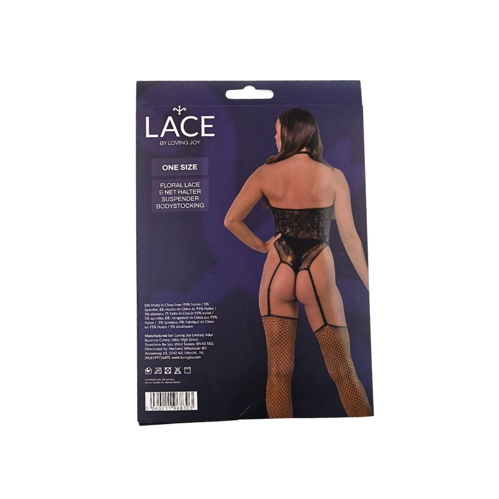 Lace by LJ Floral Lace and Net Halter Suspender Bodystocking – Lingerie > Clothes > Bodies and Playsuits