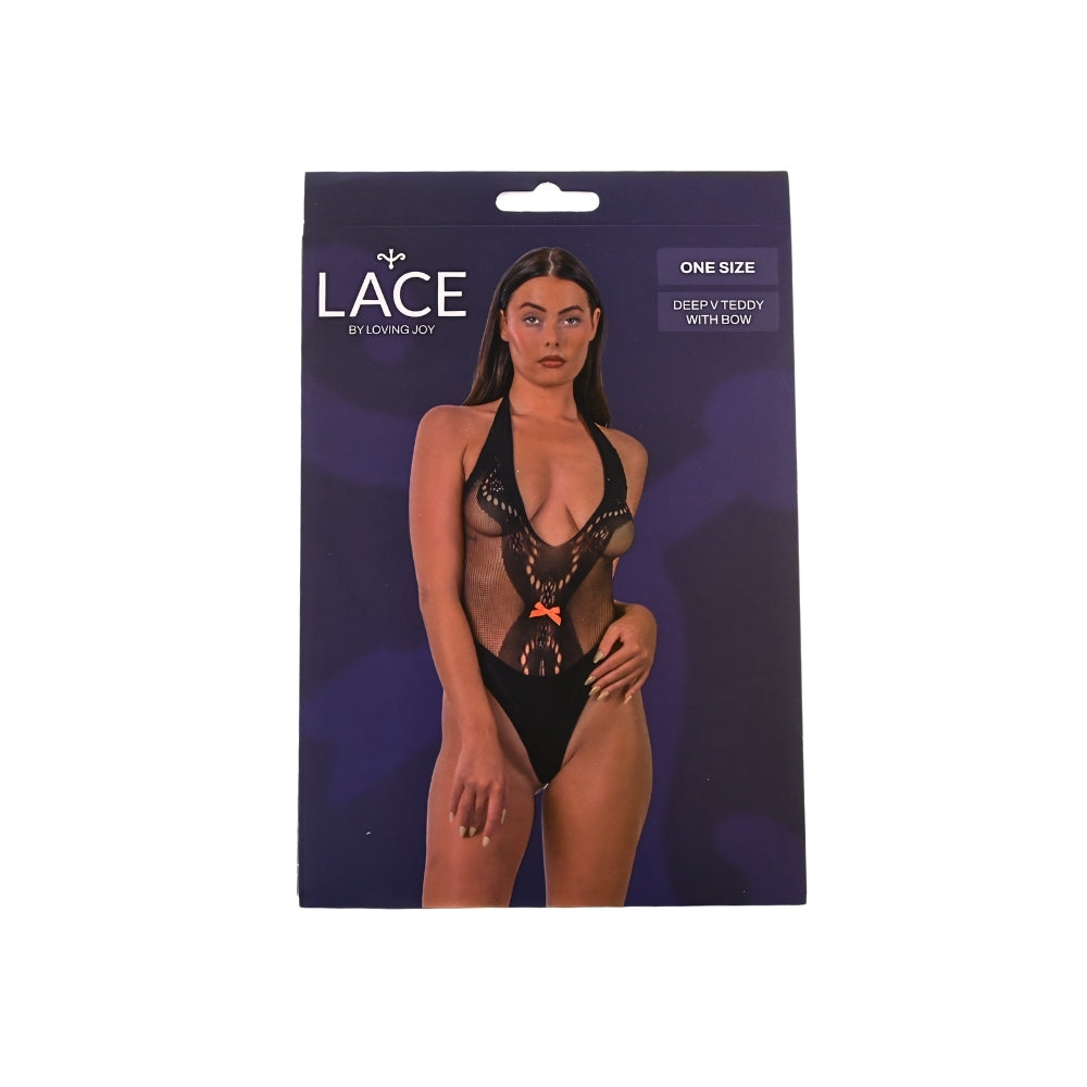 Lace by LJ Deep V Teddy with Bow – Sophisticated Black Lace Lingerie > Clothes > Teddies