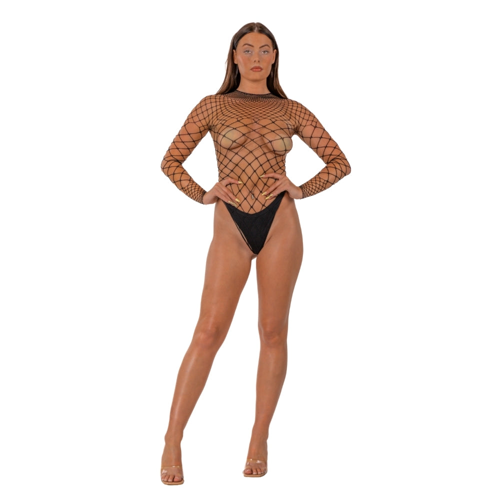 Lace by LJ Fence Net Long-Sleeved Thong Bodysuit – Lingerie > Clothes > Bodies and Playsuits