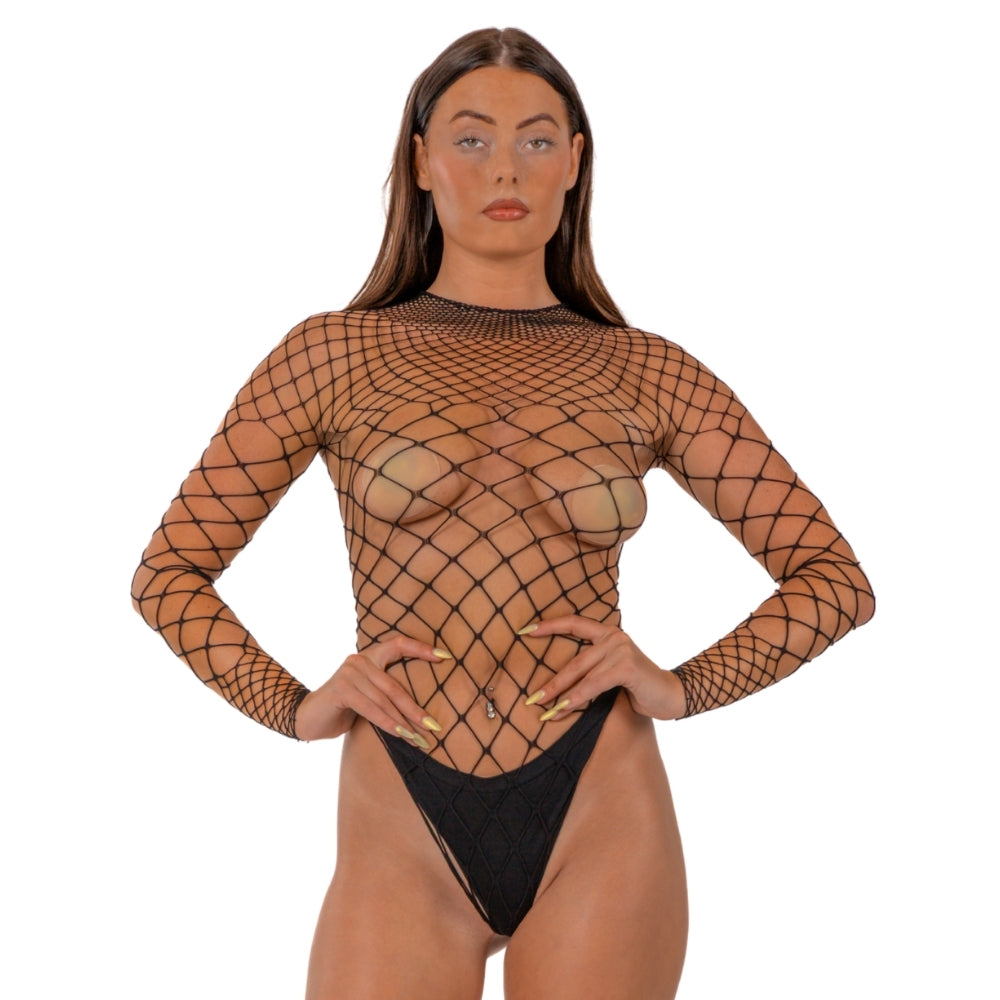 Lace by LJ Fence Net Long-Sleeved Thong Bodysuit – Lingerie Default Title > Clothes > Bodies and Playsuits