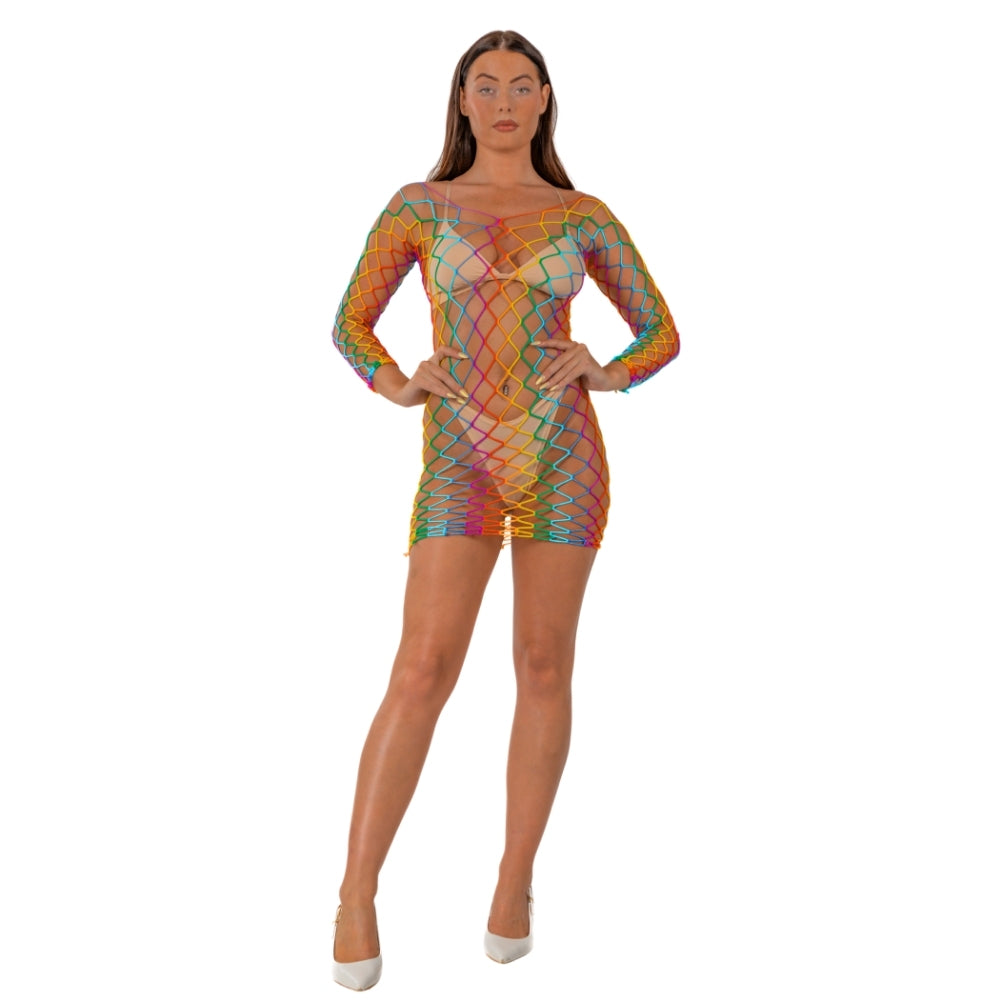 Lace by LJ Rainbow Long Sleeved Mini Dress – Sheer Open Net Dress Default Title > Clothes > Dresses and Chemises