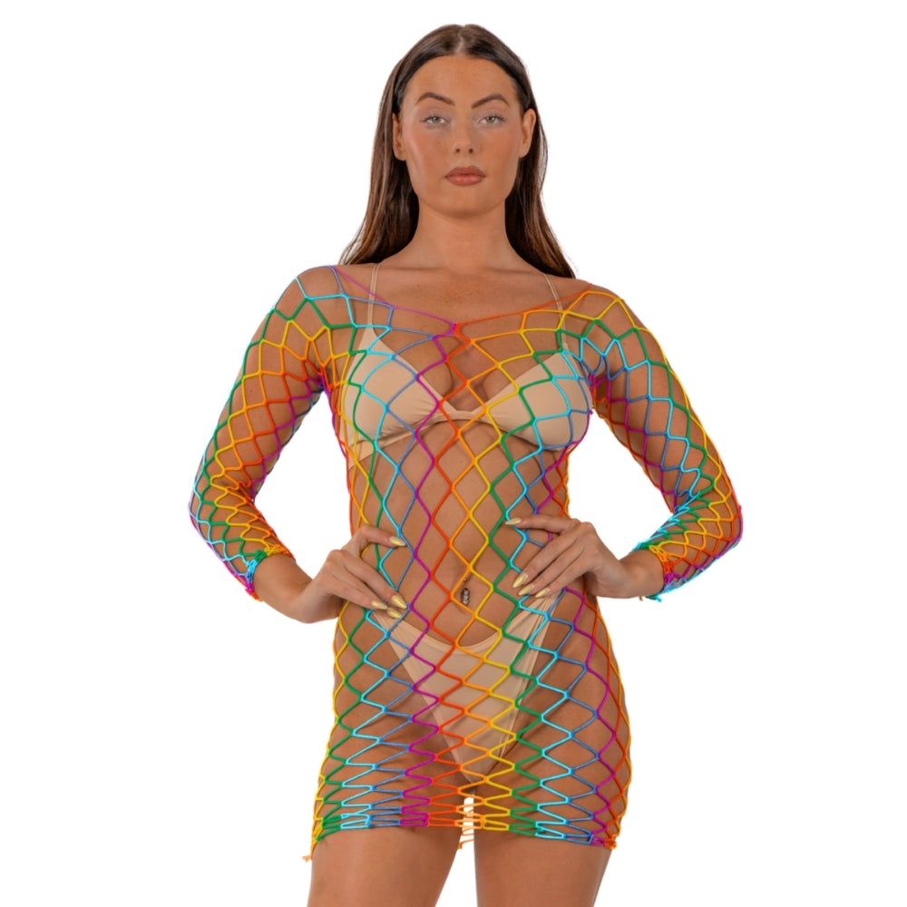 Lace by LJ Rainbow Long Sleeved Mini Dress – Sheer Open Net Dress > Clothes > Dresses and Chemises