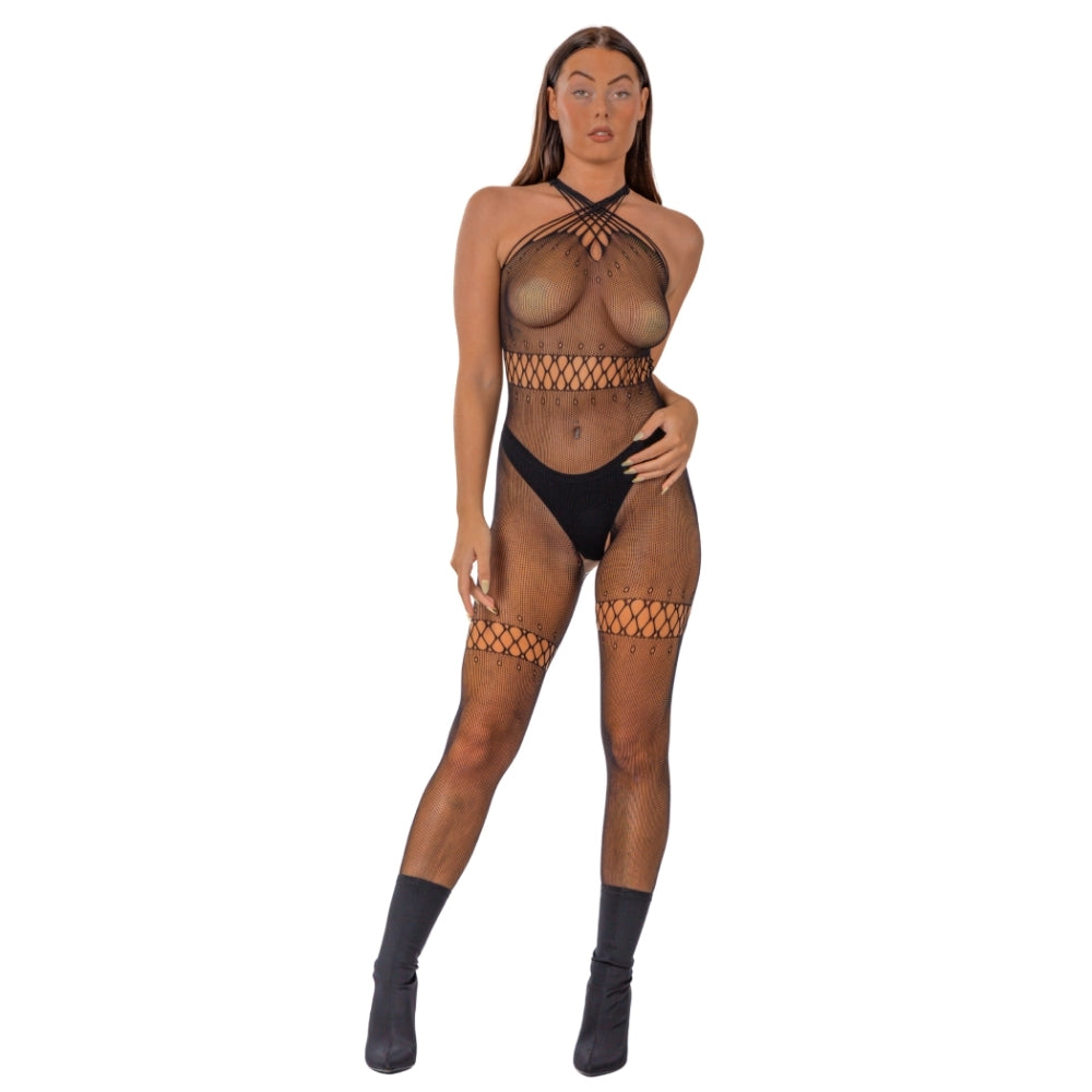 Lace by LJ Crossover Neck Crotchless Bodystocking – Lingerie > Clothes > Bodies and Playsuits