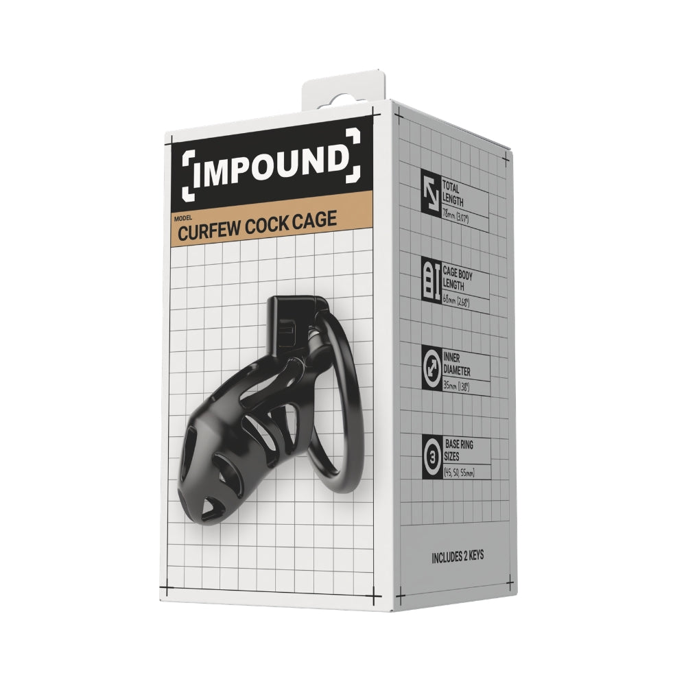 Impound Curfew – Chastity Cage with Multiple Base Rings 78mm Length > Bondage Gear > Male Chastity