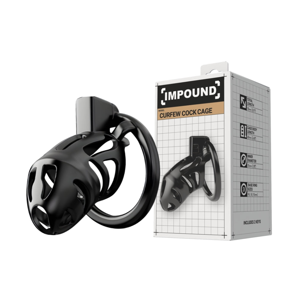 Impound Curfew – Chastity Cage with Multiple Base Rings 78mm Length > Bondage Gear > Male Chastity