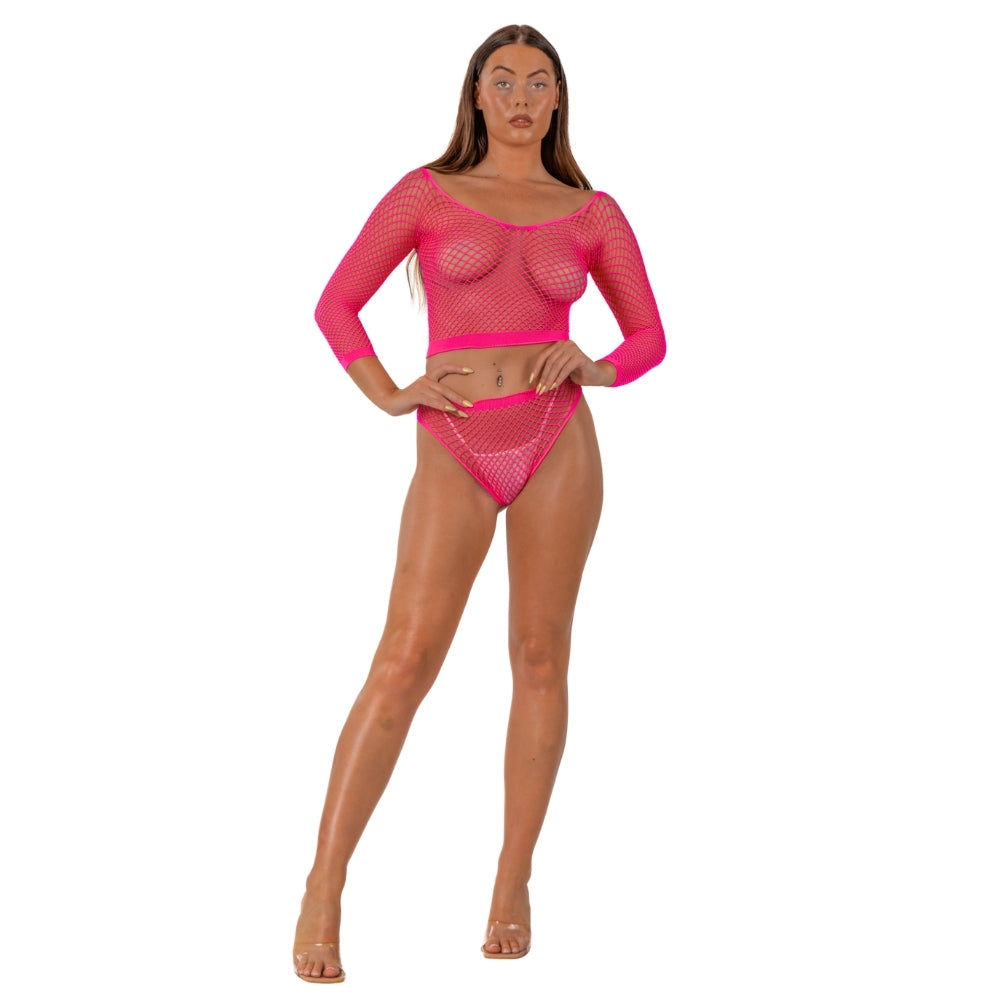 Lace By LJ Fence Net – Two Piece Crop Top And Bottoms - Fuchsia > Clothes > Lingerie Sets
