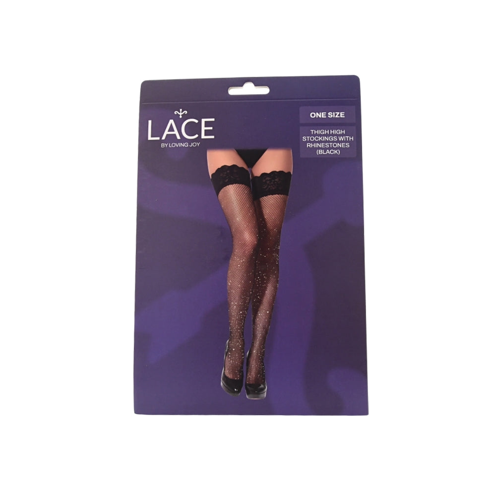 Lace By Lj Rhinestone Fishnet Thigh High Stockings - Stay Up Band - Black > Clothes > Hosiery > Stockings