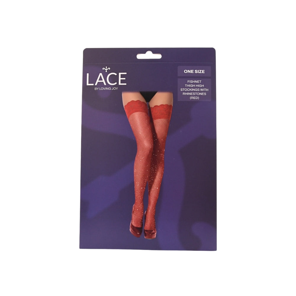 Lace By LJ Fishnet Thigh High Stockings With Rhinestones - Red > Clothes > Hosiery > Stockings