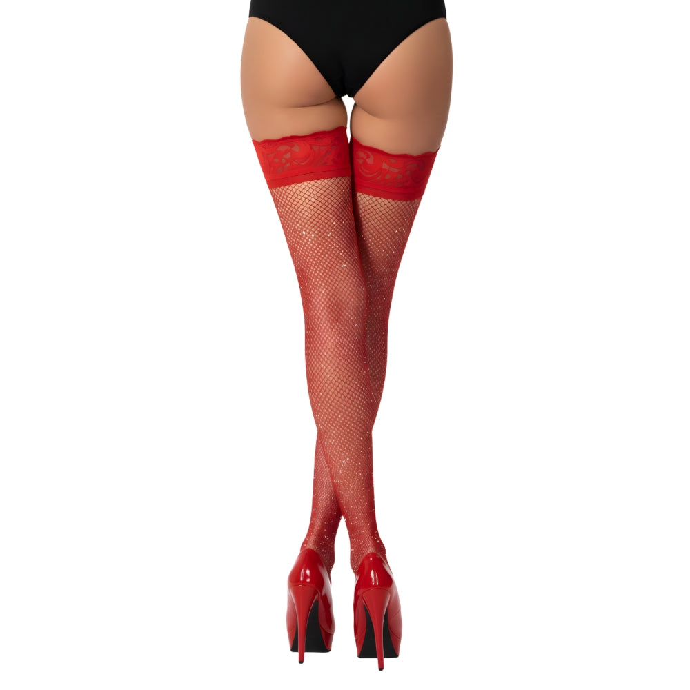 Lace By LJ Fishnet Thigh High Stockings With Rhinestones - Red > Clothes > Hosiery > Stockings