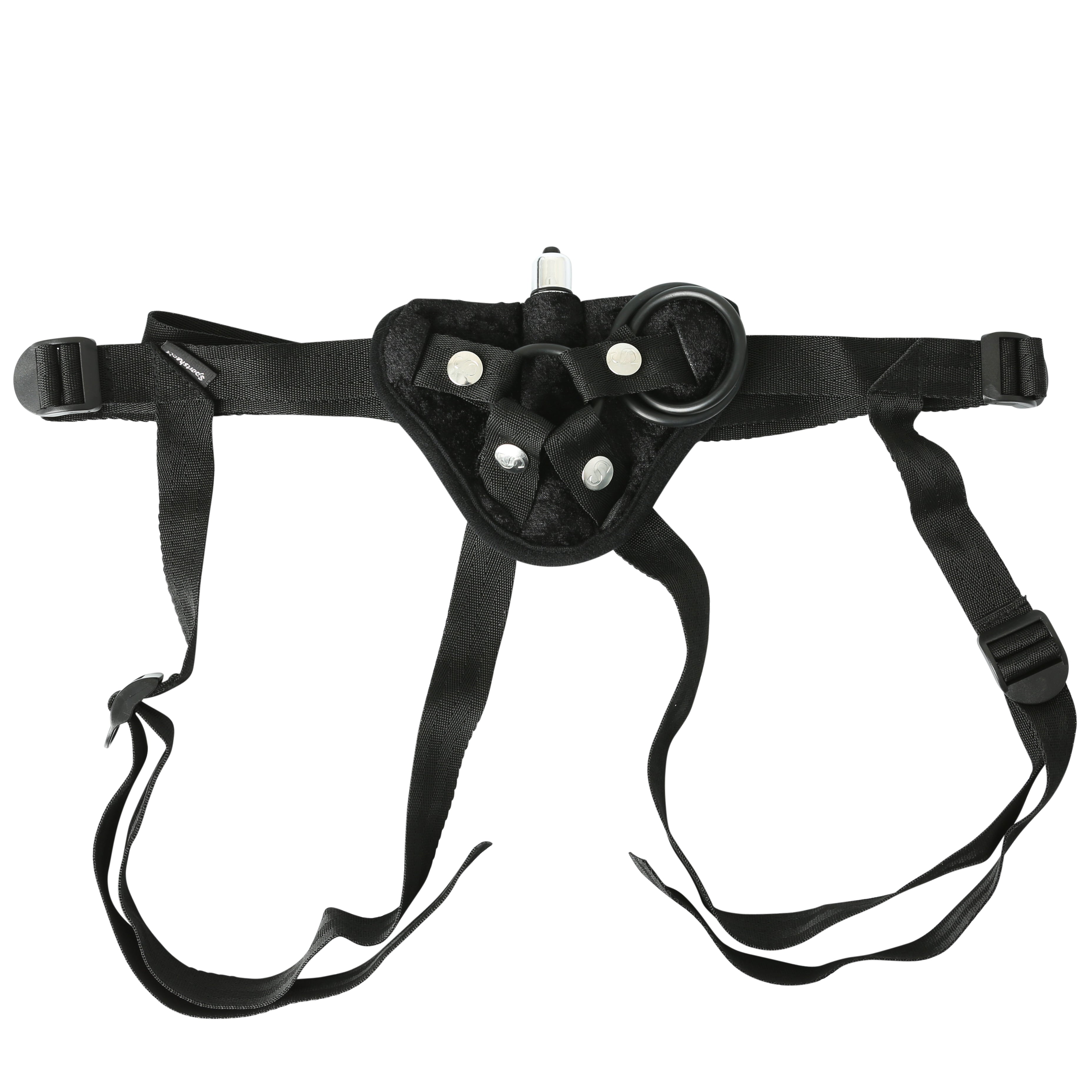 Sportsheets Vibrating Strap-On Harness with Clitoral Vibrator – Velvet Fabric Vibrator Harness Black > Dildos > Strap On Harnesses