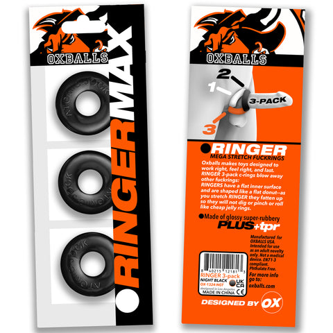 Ringer Max Three Piece Cockring Set Black Black COCK RING Set