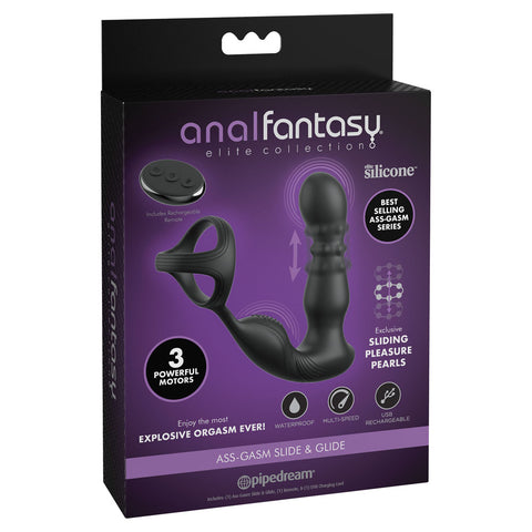 Anal Fantasy Elite Ass-Gasm Slide & Glide USB Rechargeable Silicone 7.5 Inch Prostate Massager Black > Anal Range > Prostate Plugs