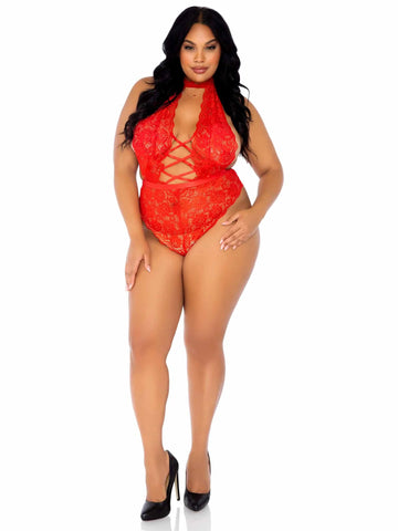 Leg Avenue Floral Lace Crotchless Teddy Red UK 14 to 18 > Clothes > Plus Size Lingerie