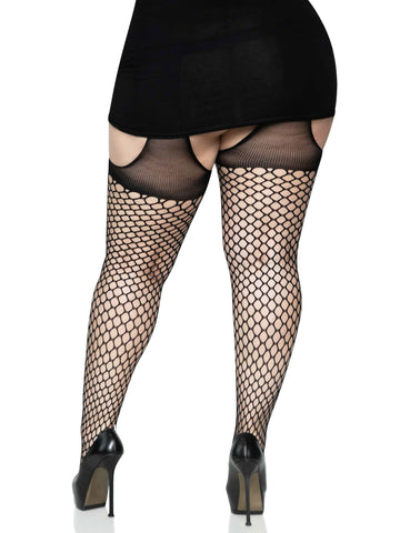 Plus Size Oval Net Suspender Hose with Opaque Top Black Hosiery