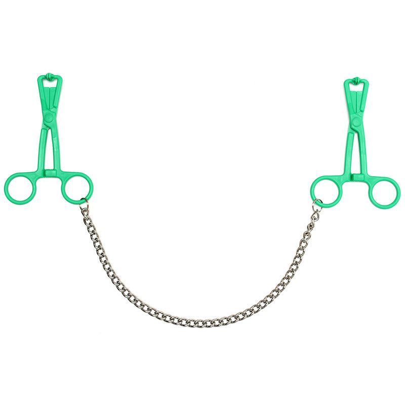 Green Scissor Nipple Clamps With Metal Chain Default Title > Bondage Gear > Nipple Clamps