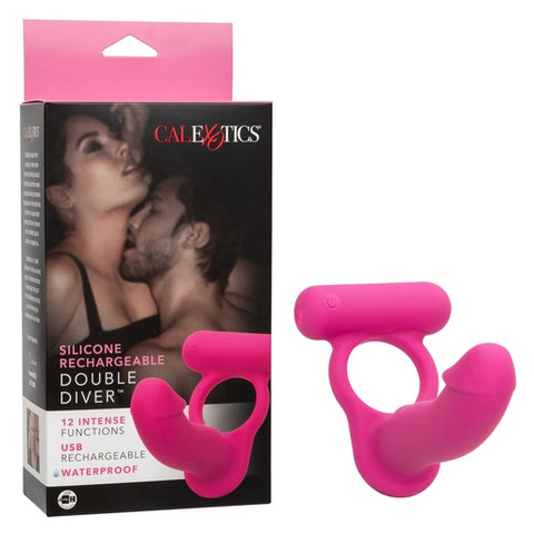 Silicone Rechargeable Double Diver Stimulator Pink Cock Rings Vibrating