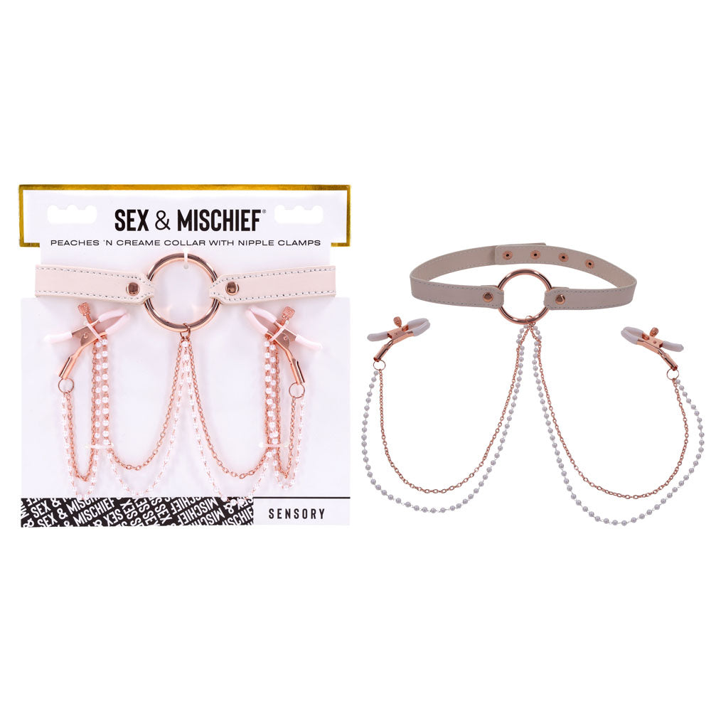 Sex & Mischief Peaches n CreaMe Collar with Nipple Clamps 35-44.5 cm Pink Nipple Clamps