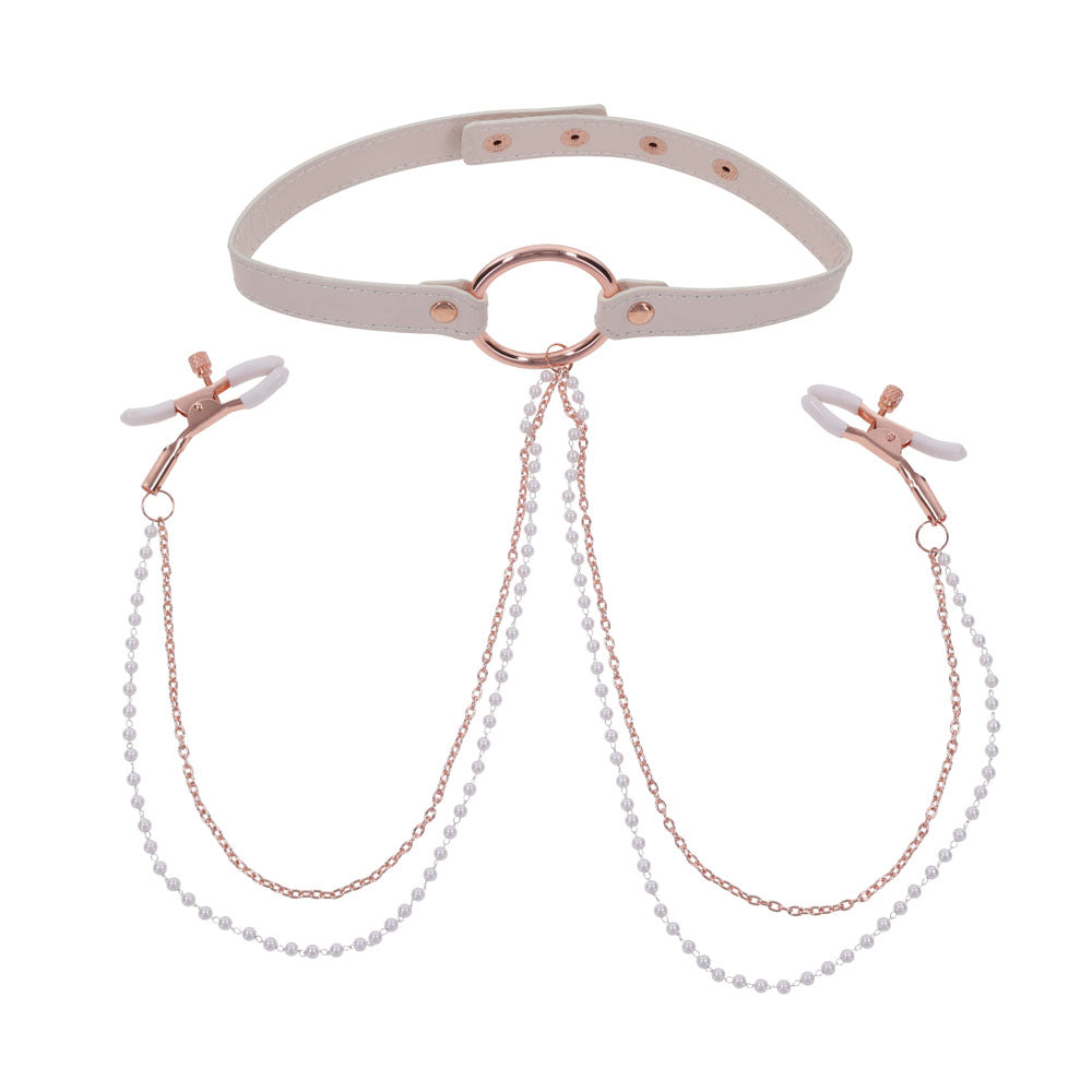 Sex & Mischief Peaches n CreaMe Collar with Nipple Clamps 35-44.5 cm Nipple Clamps