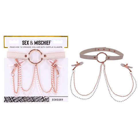 Sex & Mischief Peaches n CreaMe Collar with Nipple Clamps 35-44.5 cm Pink Nipple Clamps