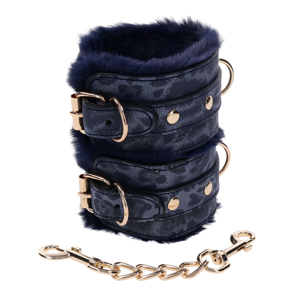 Sex and Mischief Navy and Gold Faux Fur Handcuffs with Adjustable Size and Chain Detailing > Bondage Gear > Restraints