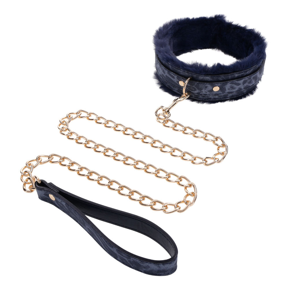 Sex & Mischief Cougar Fur Collar and Leash Set Navy and Gold Furry Restraint with Adjustable Collar and Chain Leash Blue Restraints