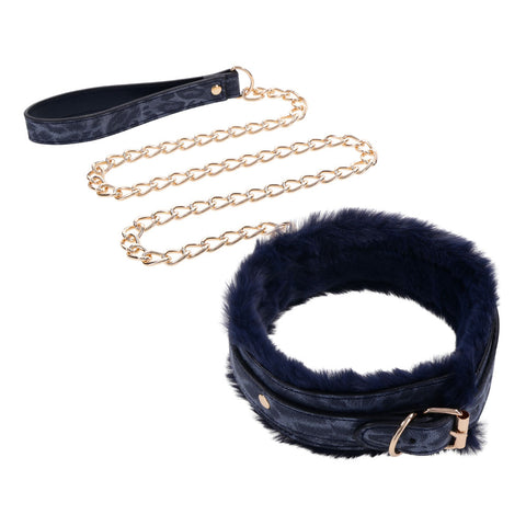 Sex & Mischief Cougar Fur Collar and Leash Set Navy and Gold Furry Restraint with Adjustable Collar and Chain Leash Restraints