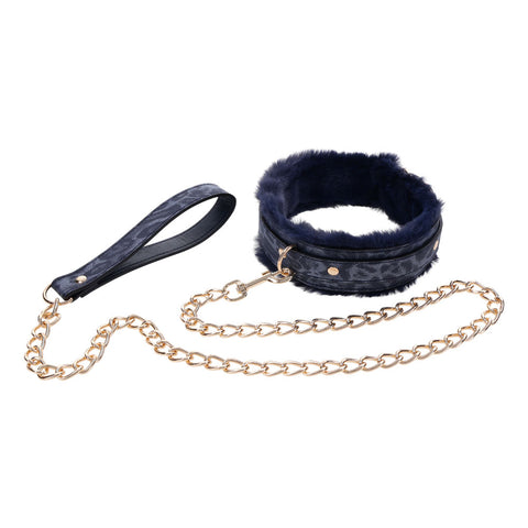 Sex & Mischief Cougar Fur Collar and Leash Set Navy and Gold Furry Restraint with Adjustable Collar and Chain Leash Restraints