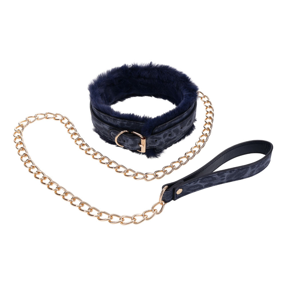 Sex & Mischief Cougar Fur Collar and Leash Set Navy and Gold Furry Restraint with Adjustable Collar and Chain Leash Restraints