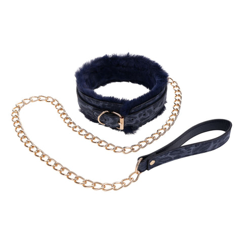 Sex & Mischief Cougar Fur Collar and Leash Set Navy and Gold Furry Restraint with Adjustable Collar and Chain Leash Restraints