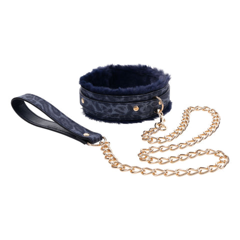 Sex & Mischief Cougar Fur Collar and Leash Set Navy and Gold Furry Restraint with Adjustable Collar and Chain Leash Restraints