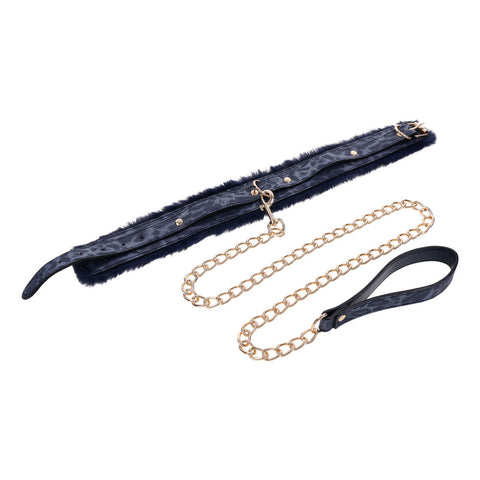 Sex & Mischief Cougar Fur Collar and Leash Set Navy and Gold Furry Restraint with Adjustable Collar and Chain Leash Restraints