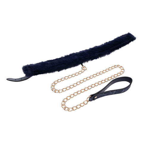 Sex & Mischief Cougar Fur Collar and Leash Set Navy and Gold Furry Restraint with Adjustable Collar and Chain Leash Restraints