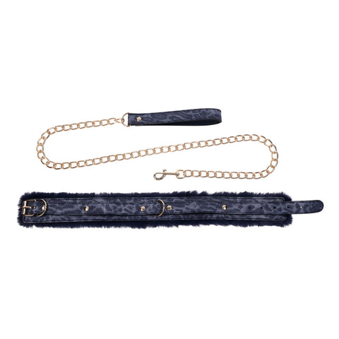 Sex & Mischief Cougar Fur Collar and Leash Set Navy and Gold Furry Restraint with Adjustable Collar and Chain Leash Restraints