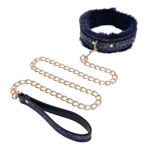 Sex & Mischief Cougar Fur Collar and Leash Set Navy and Gold Furry Restraint with Adjustable Collar and Chain Leash Blue Restraints