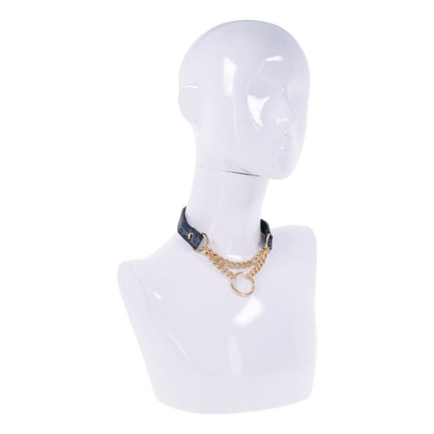 Sex & Mischief Cougar Day Collar Navy and Gold with Chain and Ring Size 38-43 cm Leash