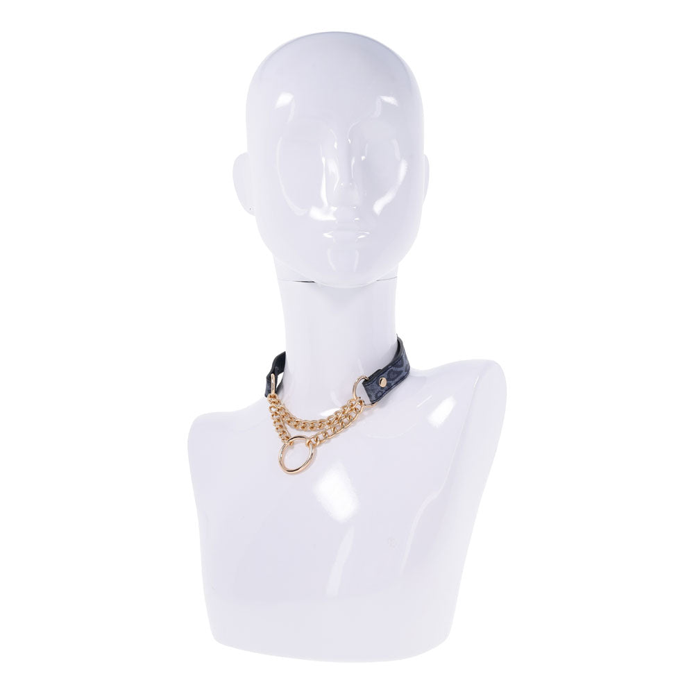 Sex & Mischief Cougar Day Collar Navy and Gold with Chain and Ring Size 38-43 cm Leash