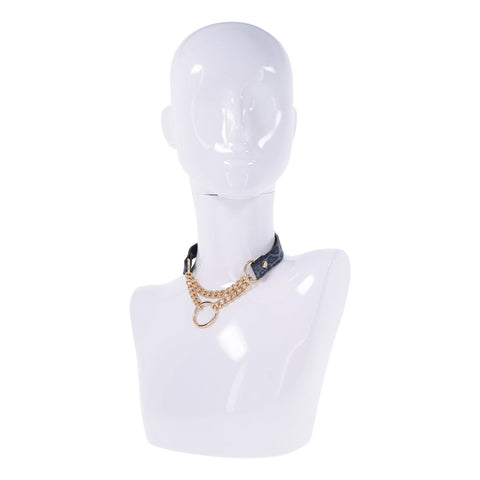 Sex & Mischief Cougar Day Collar Navy and Gold with Chain and Ring Size 38-43 cm Leash