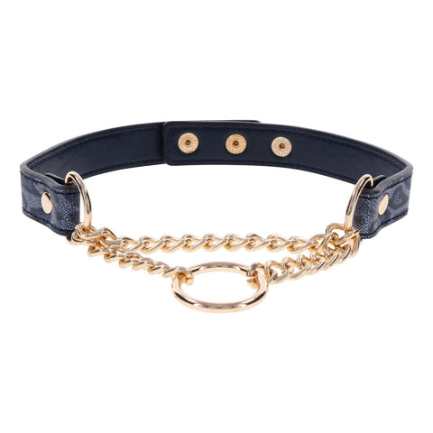 Sex & Mischief Cougar Day Collar Navy and Gold with Chain and Ring Size 38-43 cm Leash