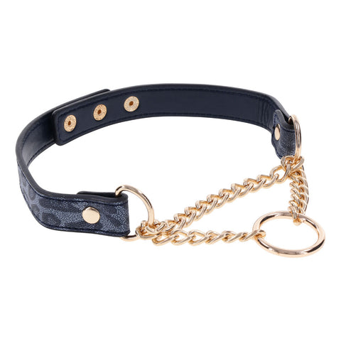 Sex & Mischief Cougar Day Collar Navy and Gold with Chain and Ring Size 38-43 cm Leash