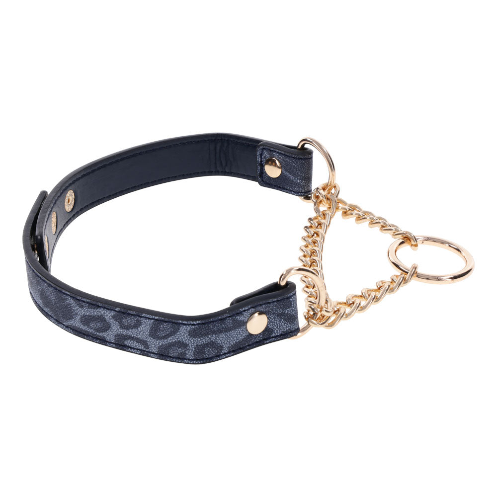 Sex & Mischief Cougar Day Collar Navy and Gold with Chain and Ring Size 38-43 cm Leash