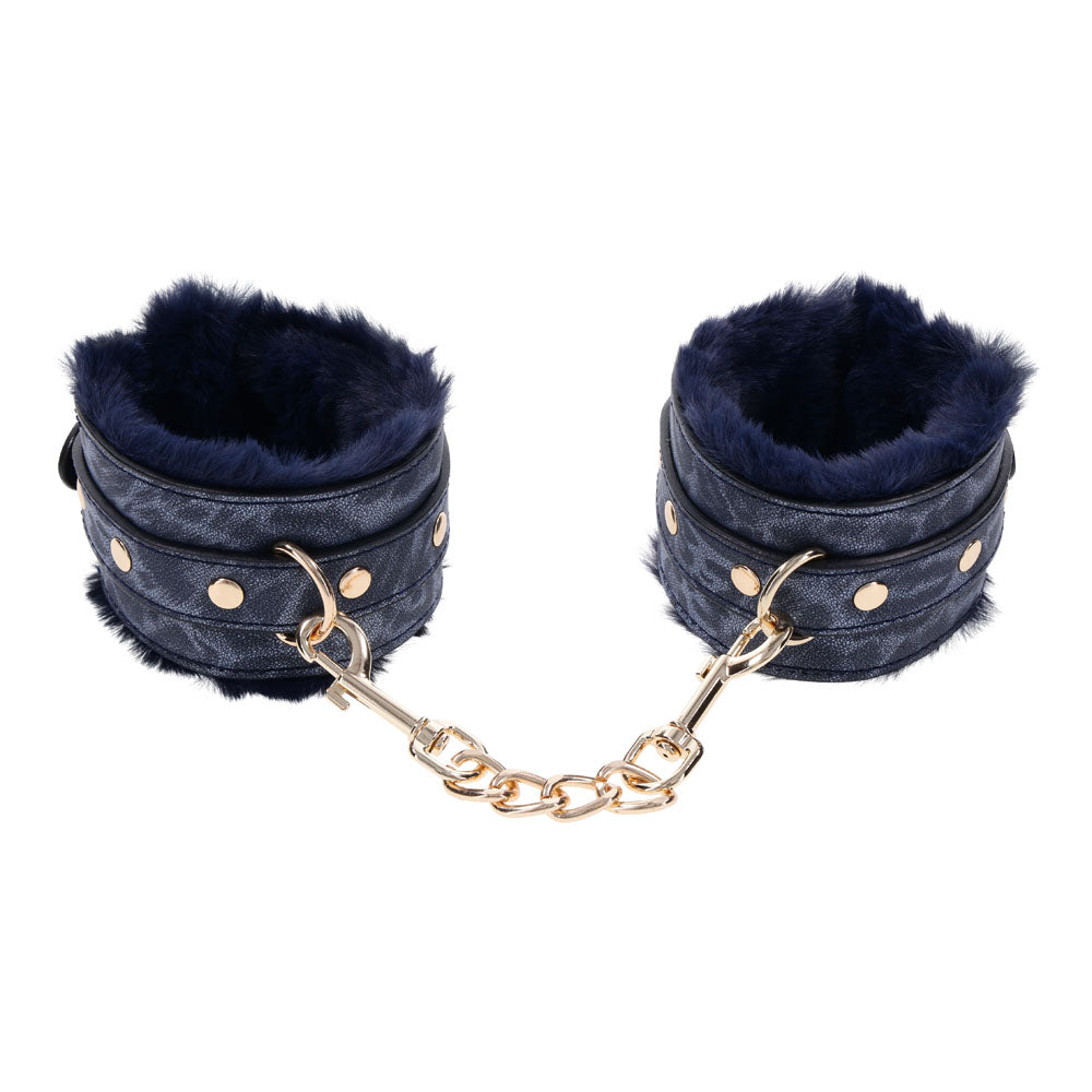 Sex and Mischief Navy and Gold Faux Fur Handcuffs with Adjustable Size and Chain Detailing > Bondage Gear > Restraints