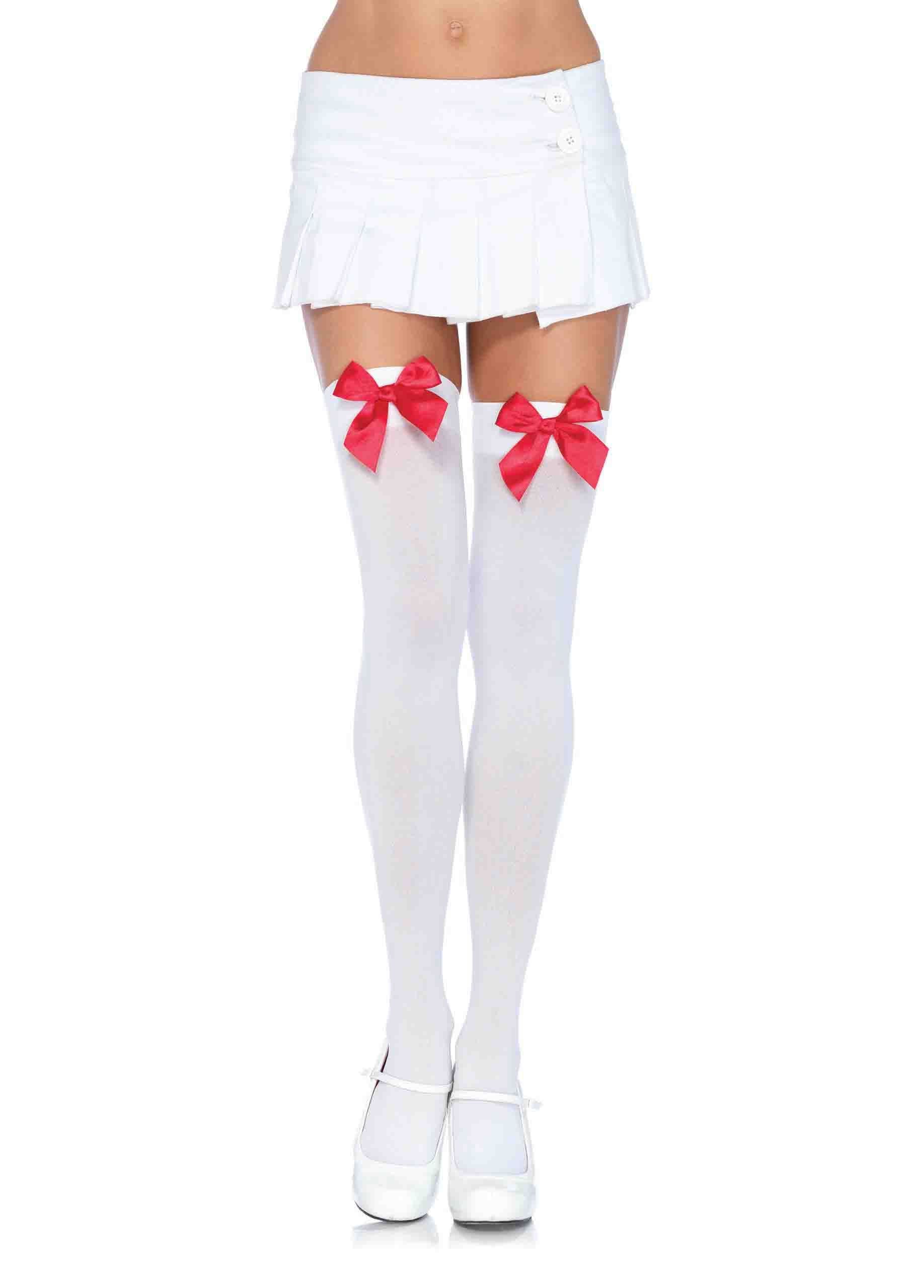White Nylon Over The Knee Socks With Red Bow Accent Hosiery Hosiery