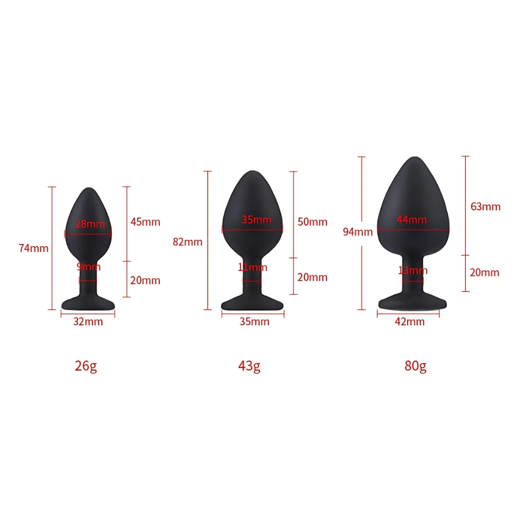 Toosh Silicone Butt Plug Set of 3 (Black/Clear Stone) – Smooth Surface Beginner and Advanced Butt Plug Set > Anal Range > Jewel Butt Plugs