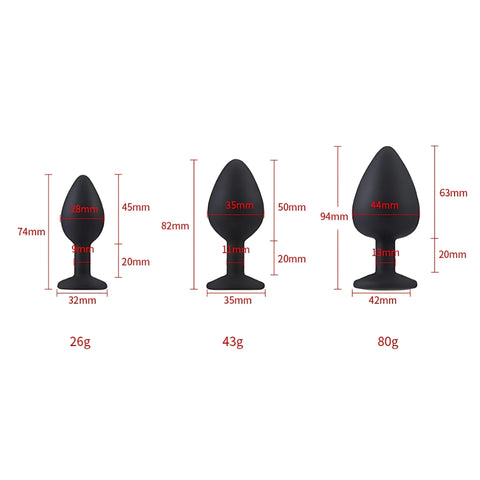 Toosh Silicone Butt Plug Set of 3 (Black/Clear Stone) – Smooth Surface Beginner and Advanced Butt Plug Set > Anal Range > Jewel Butt Plugs