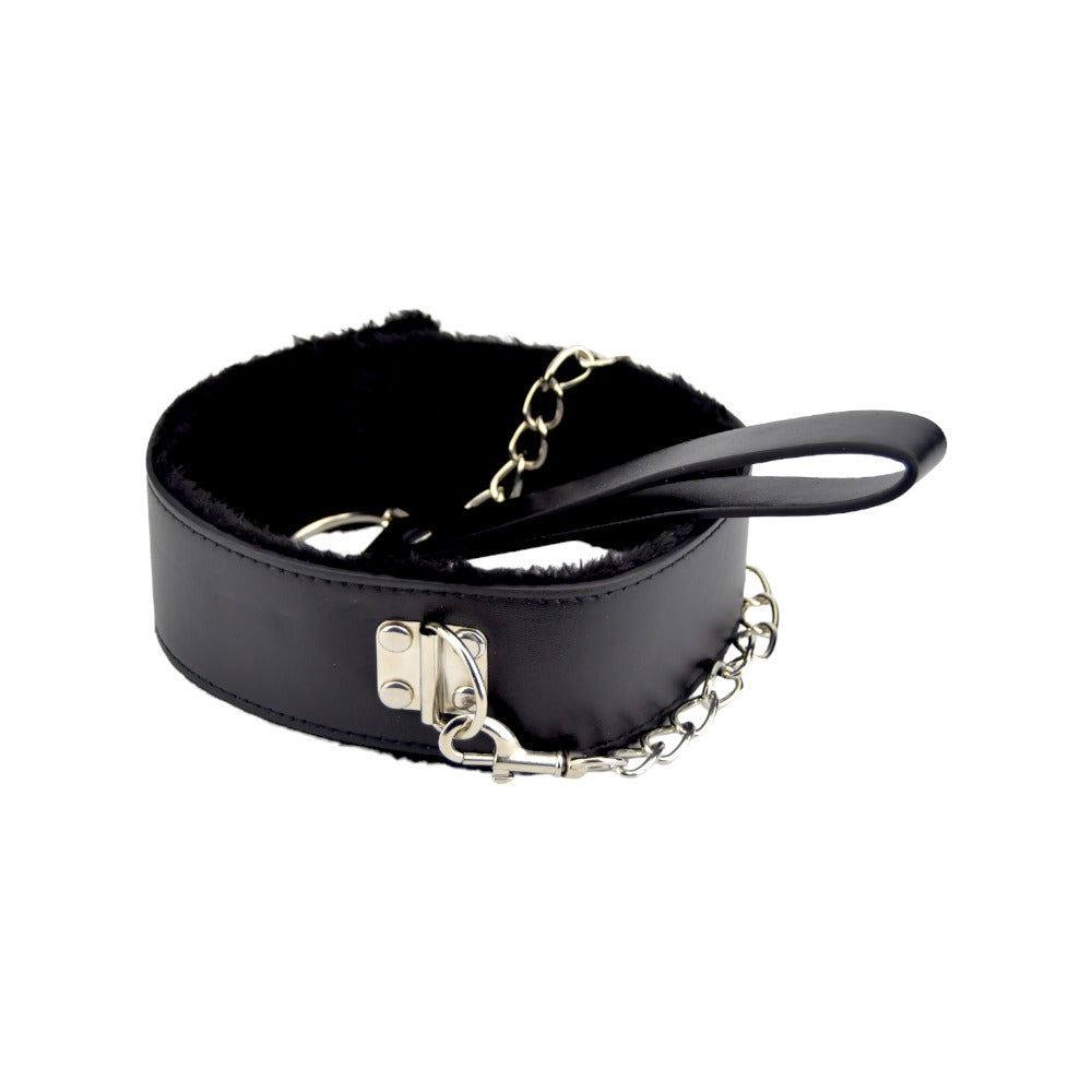 Bound to Please Furry Collar with Leash (Black) – Collar and Leash Set Restraints