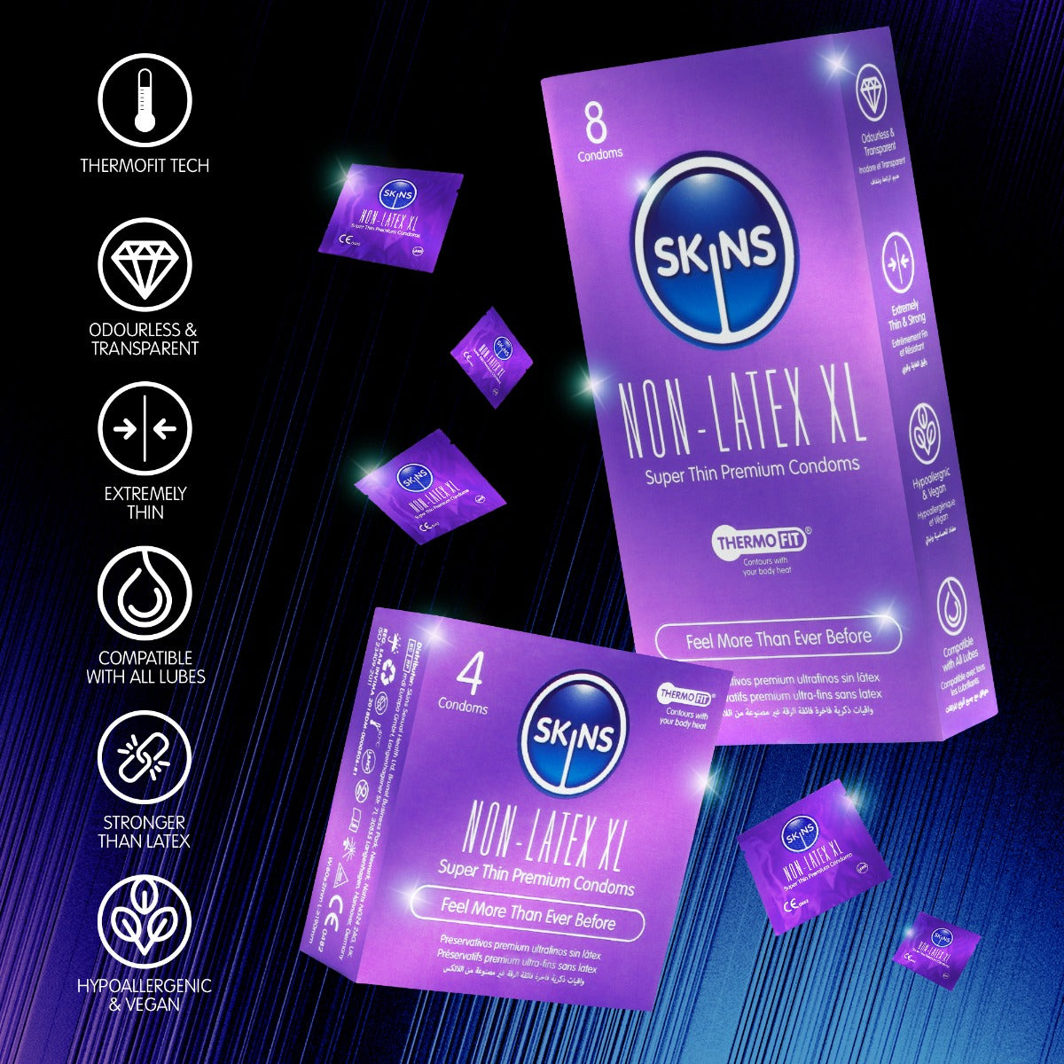 Skins Non-Latex XL Condoms Ultra-Thin 4 Pack – Larger Size Condoms > Essentials > Condoms > Non-Latex